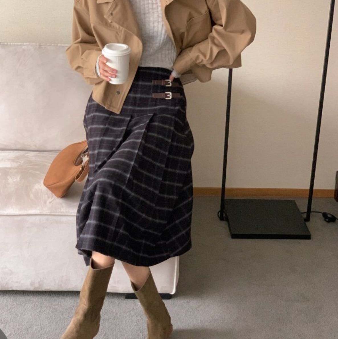 BS雙扣格紋學院風百摺裙