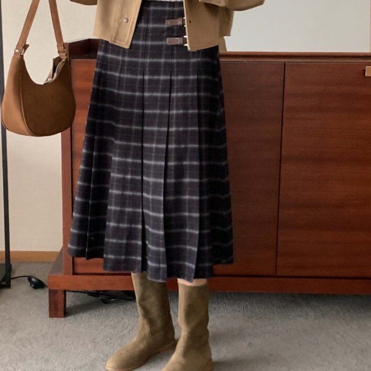 BS雙扣格紋學院風百摺裙