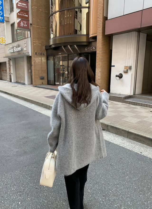 韓國馬海毛羊毛針織連帽大衣