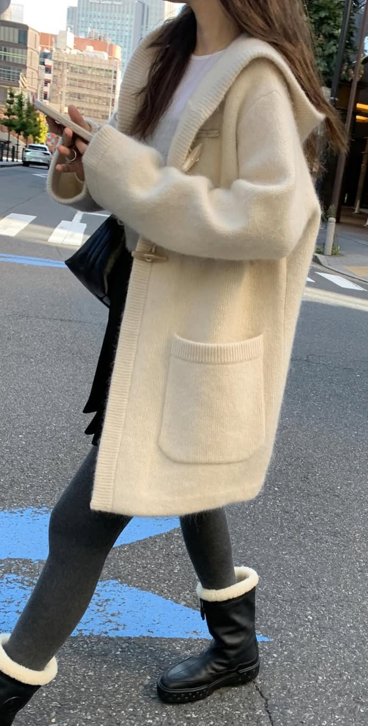 韓國馬海毛羊毛針織連帽大衣