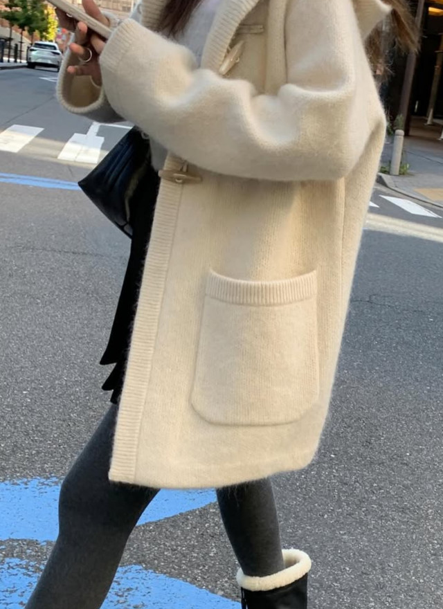 韓國馬海毛羊毛針織連帽大衣