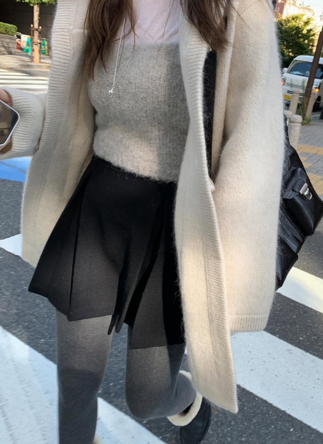 韓國馬海毛羊毛針織連帽大衣