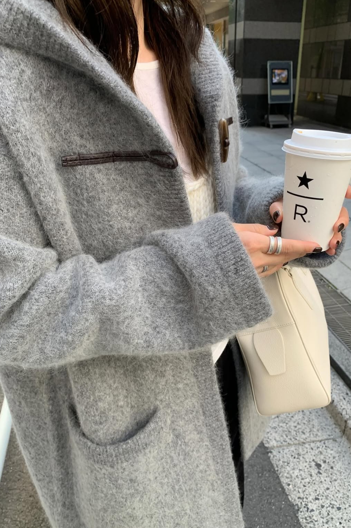 韓國馬海毛羊毛針織連帽大衣