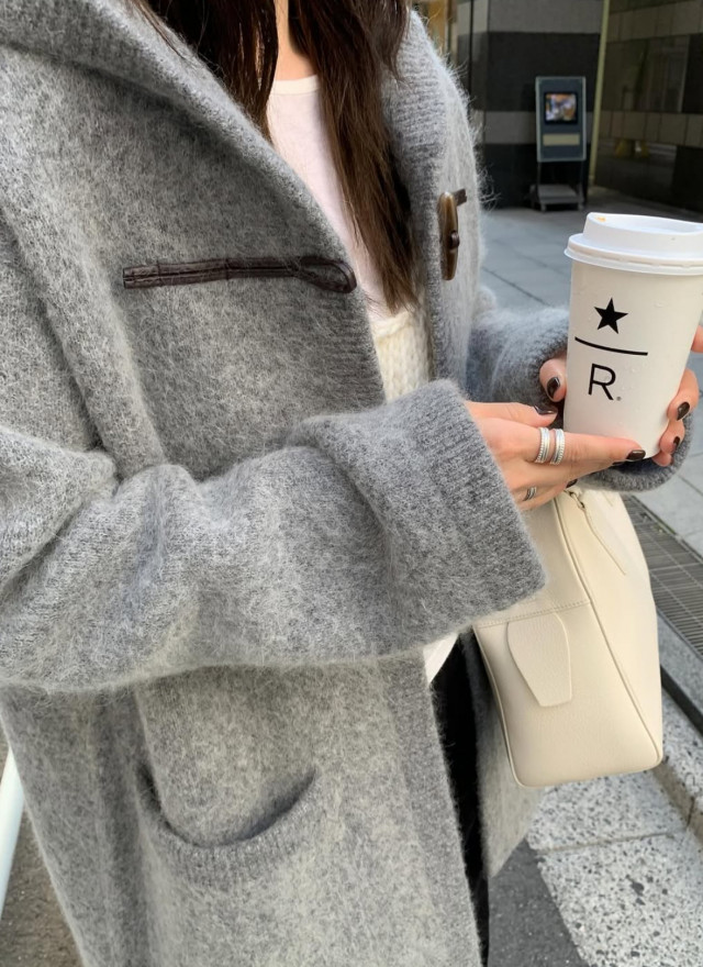 韓國馬海毛羊毛針織連帽大衣