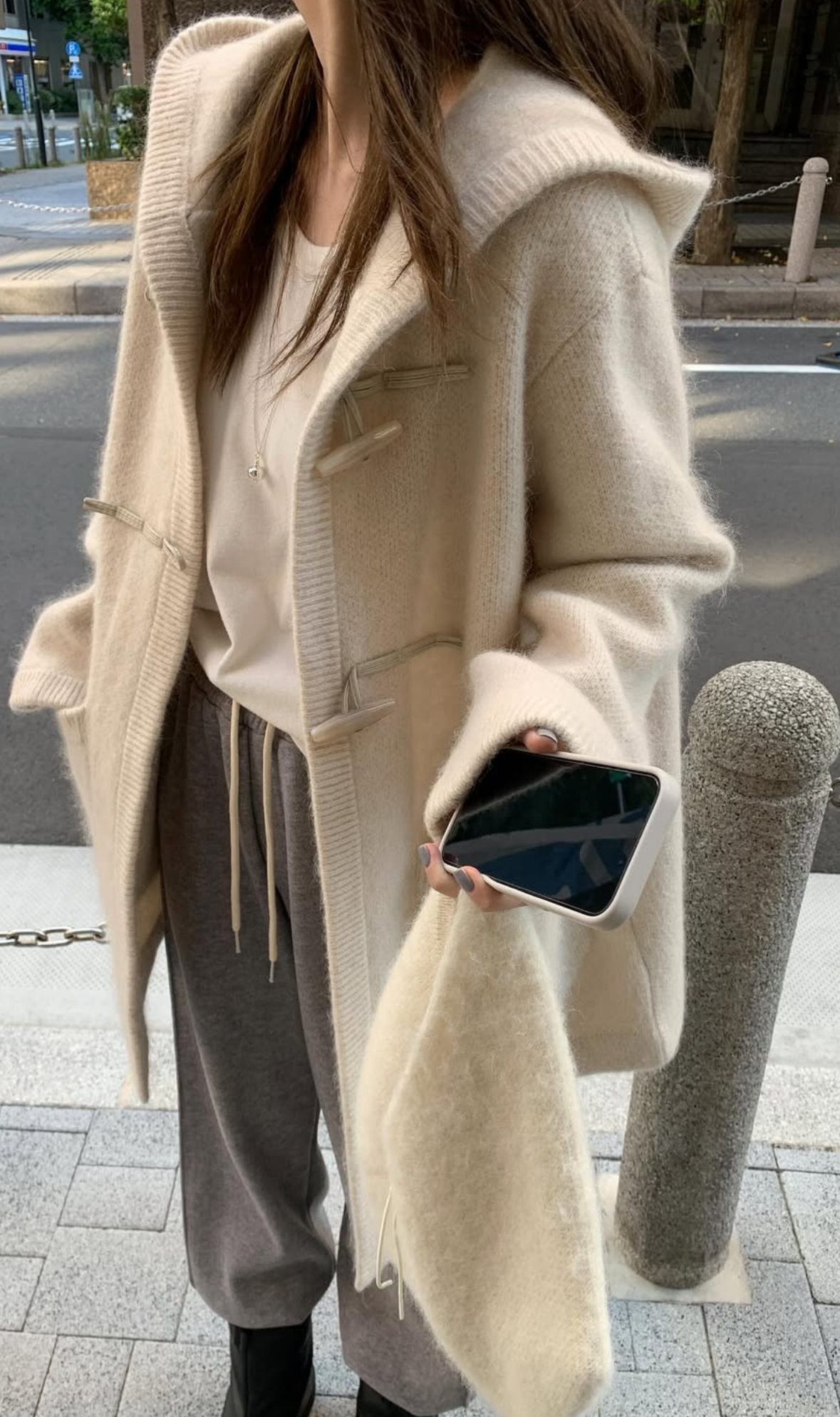 韓國馬海毛羊毛針織連帽大衣