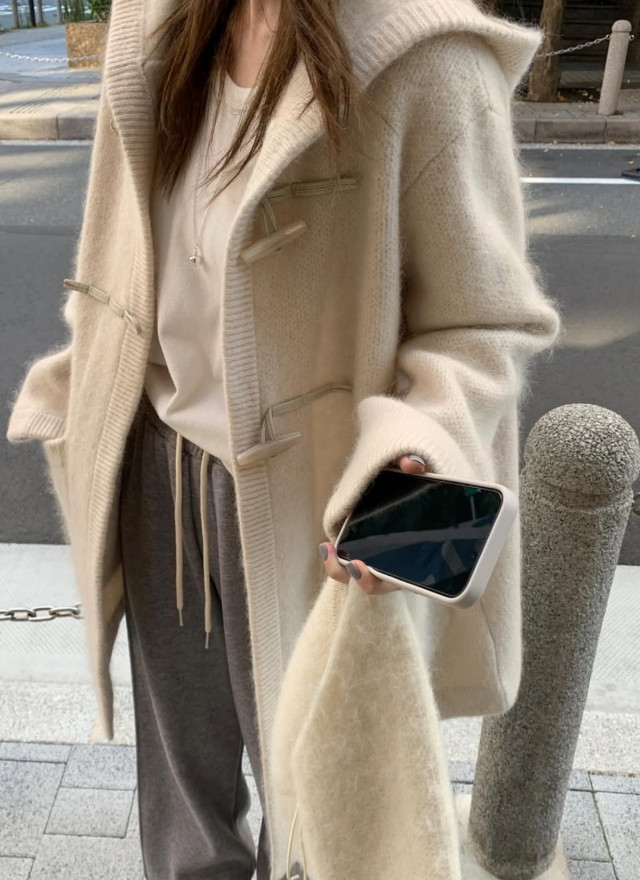 韓國馬海毛羊毛針織連帽大衣