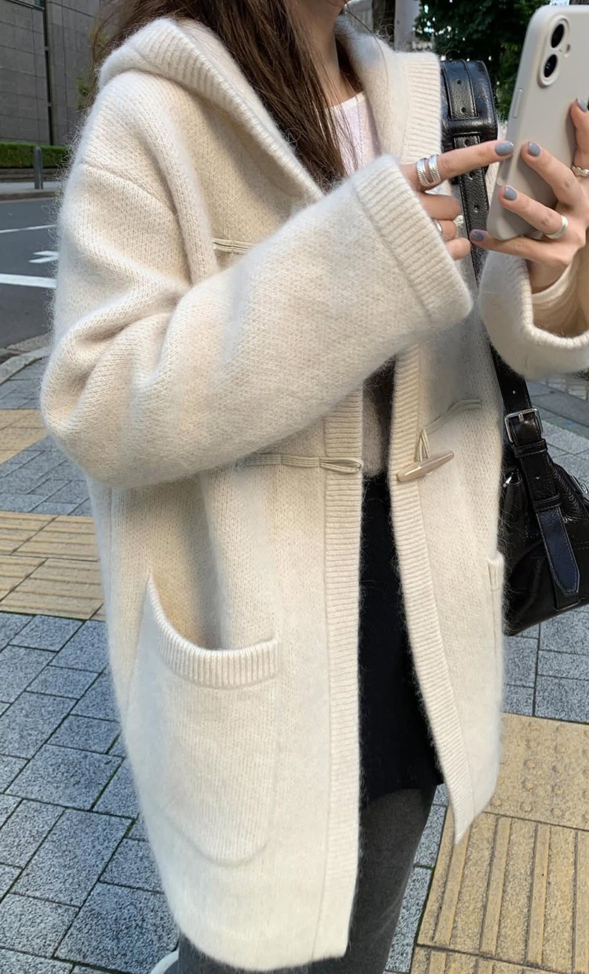 韓國馬海毛羊毛針織連帽大衣