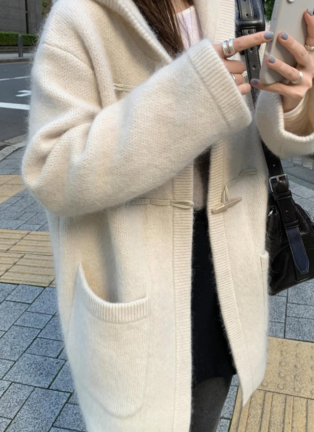 韓國馬海毛羊毛針織連帽大衣