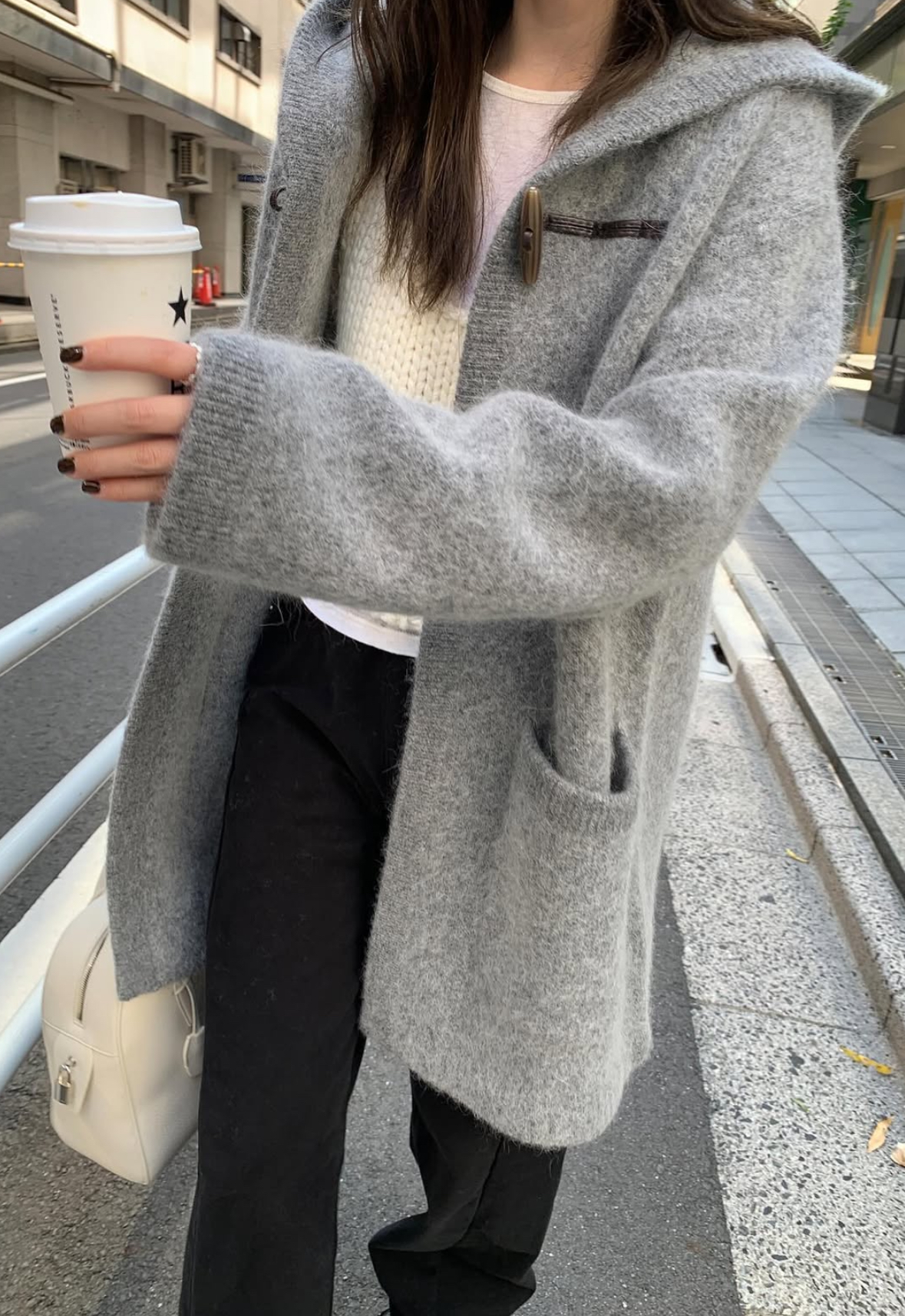 韓國馬海毛羊毛針織連帽大衣