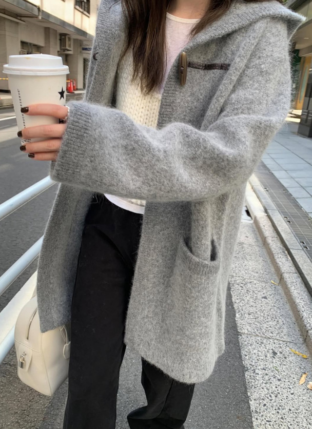 韓國馬海毛羊毛針織連帽大衣