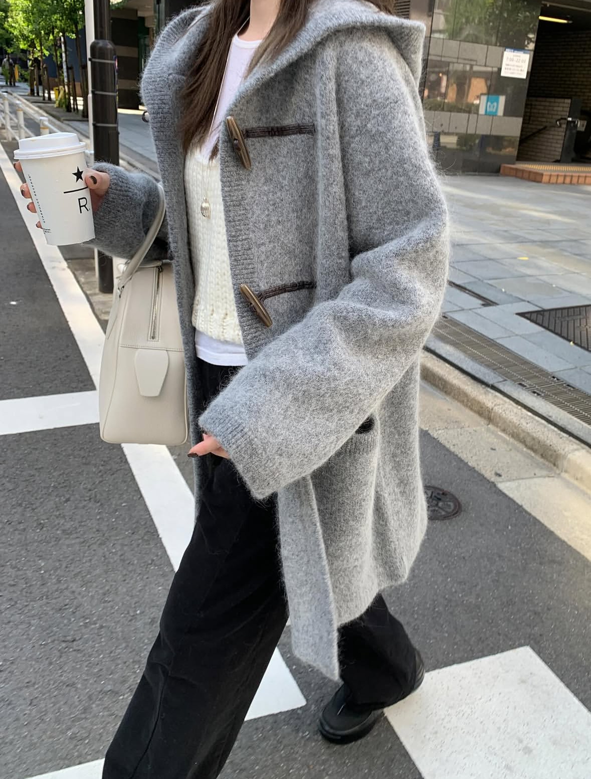 韓國馬海毛羊毛針織連帽大衣