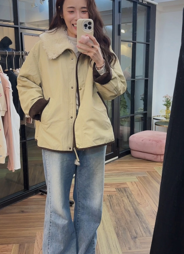 韓國撞色鴨絨外套-毛領不可拆