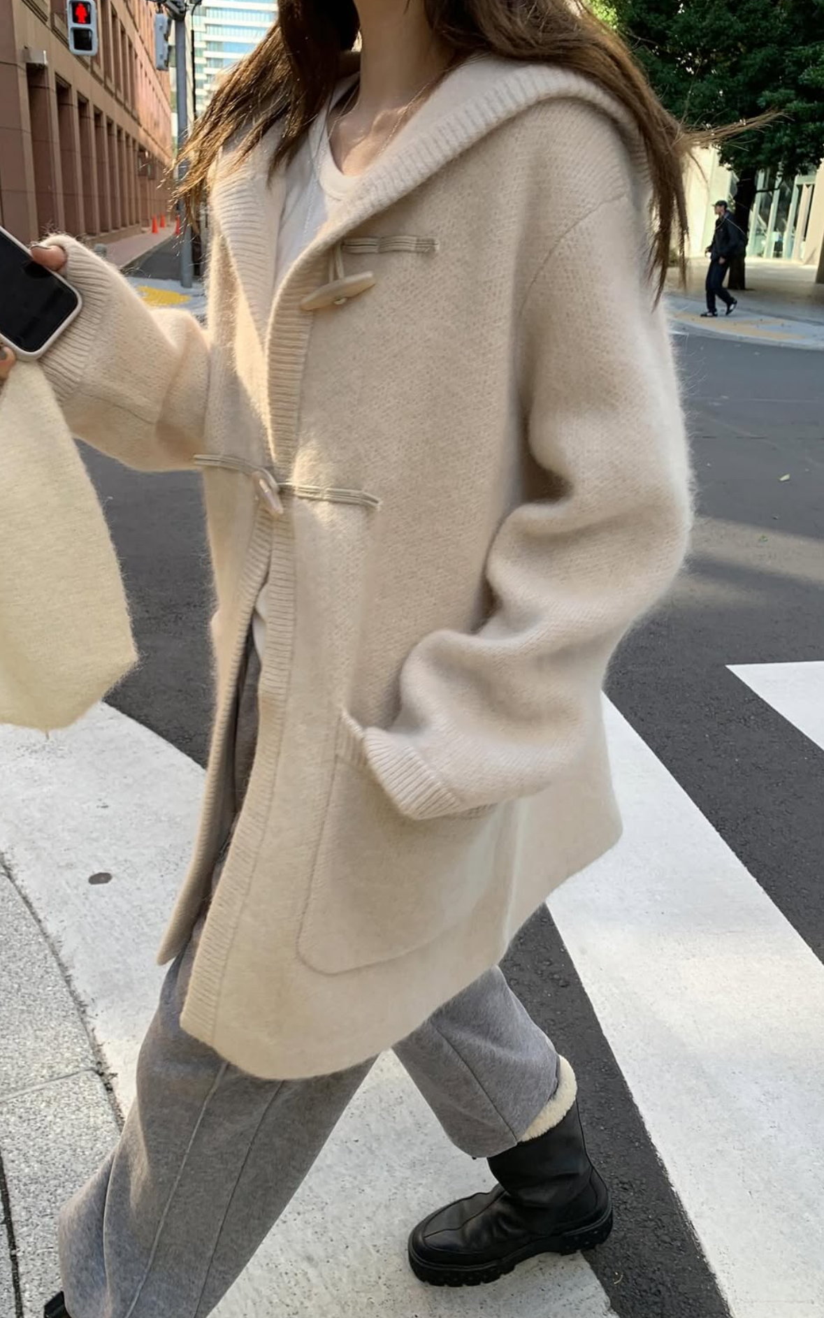 韓國馬海毛羊毛針織連帽大衣