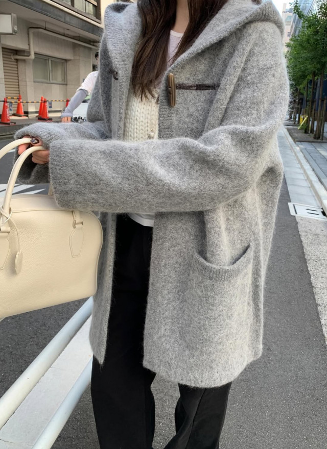 韓國馬海毛羊毛針織連帽大衣