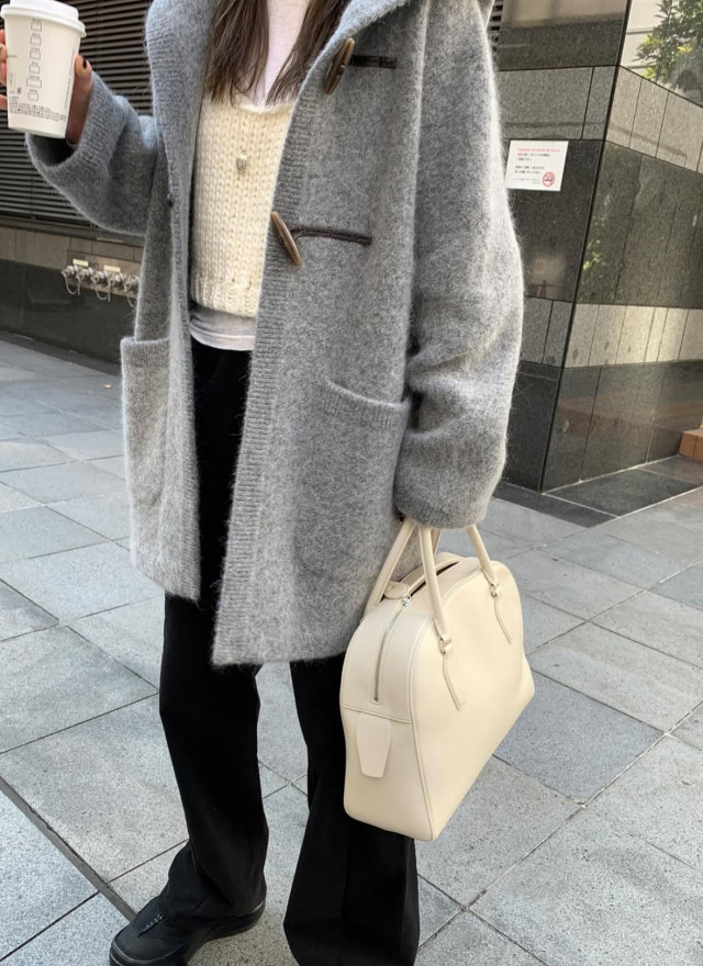 韓國馬海毛羊毛針織連帽大衣