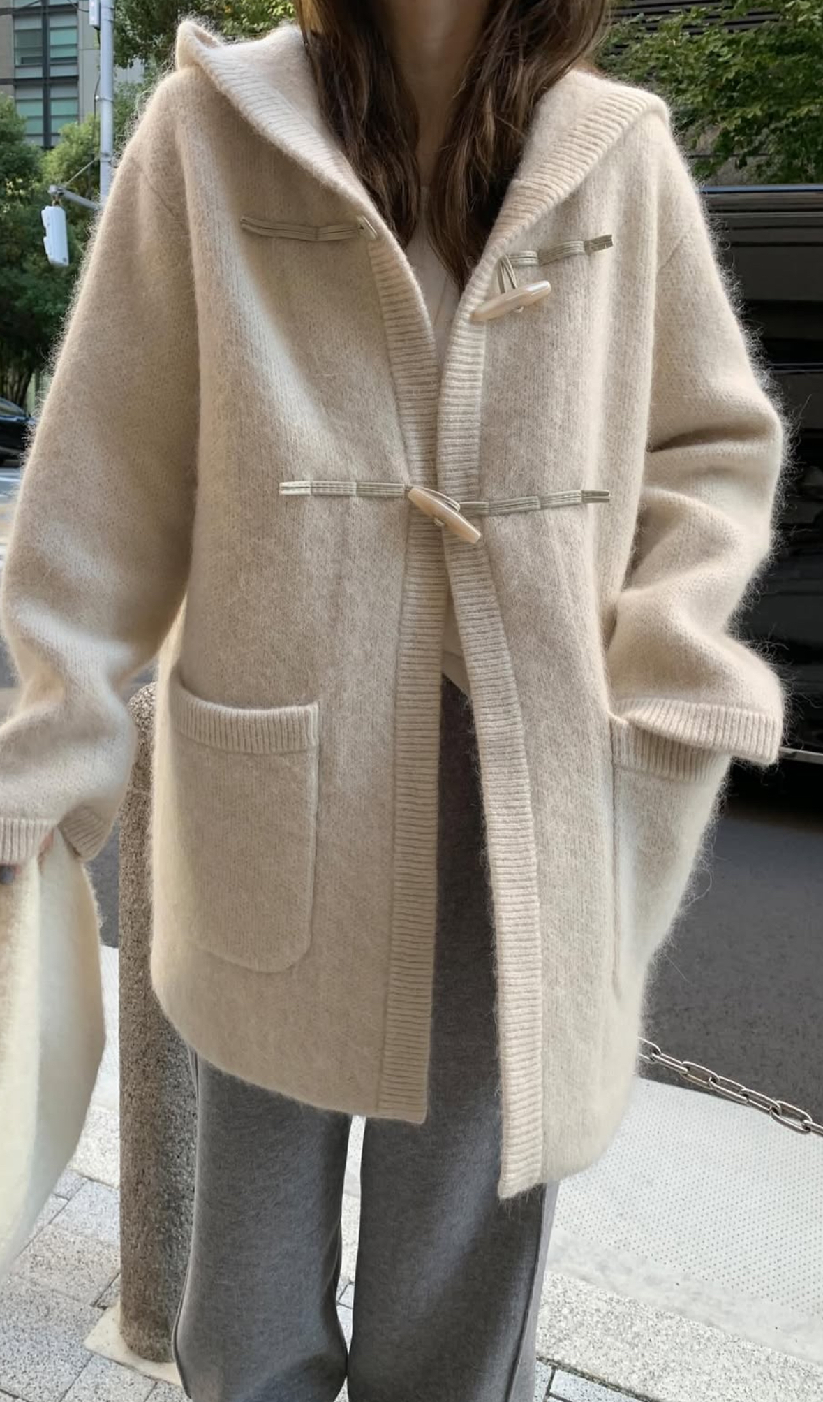 韓國馬海毛羊毛針織連帽大衣