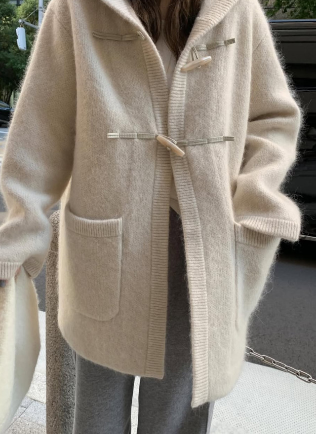 韓國馬海毛羊毛針織連帽大衣