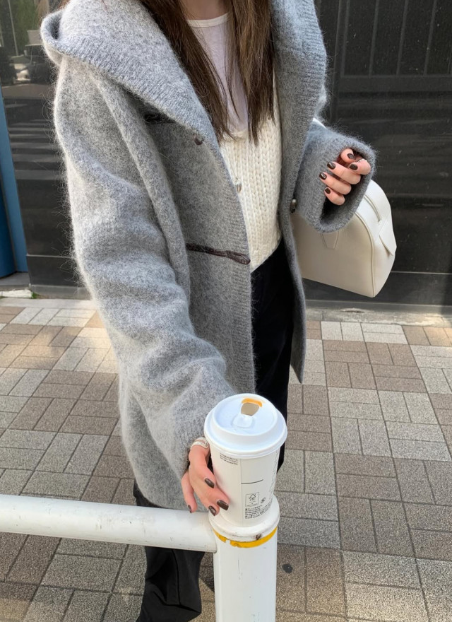 韓國馬海毛羊毛針織連帽大衣