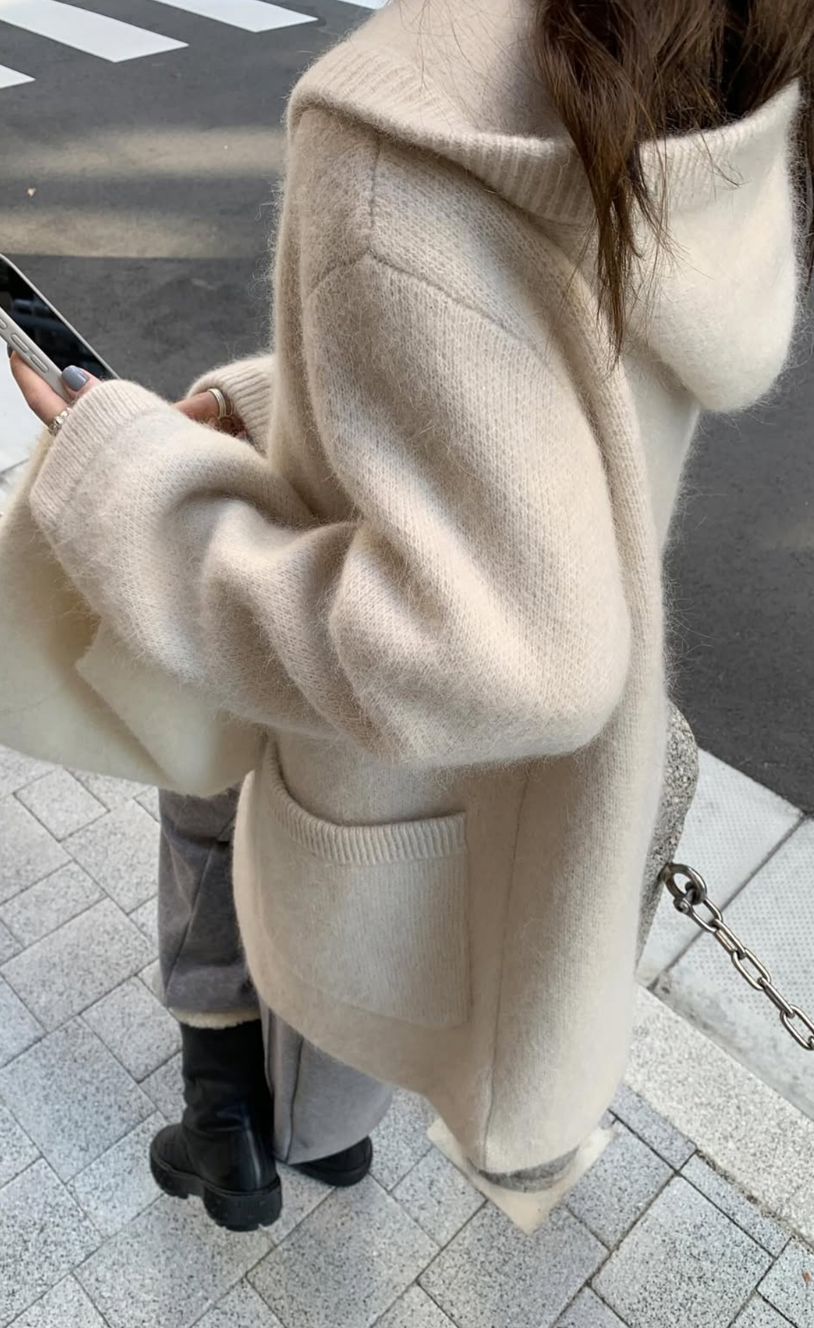 韓國馬海毛羊毛針織連帽大衣