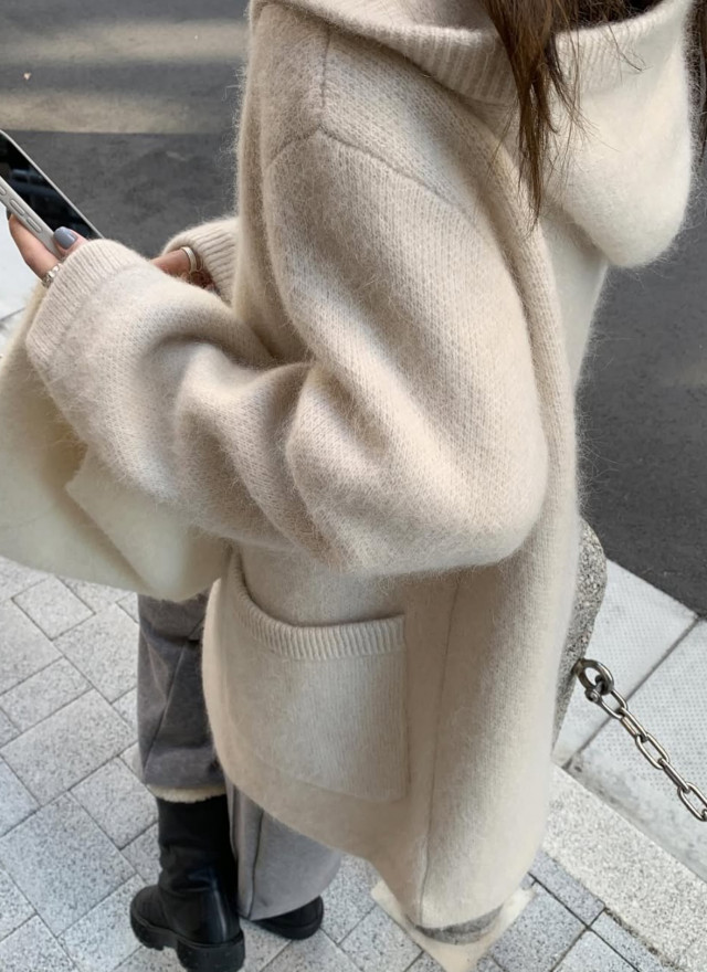 韓國馬海毛羊毛針織連帽大衣