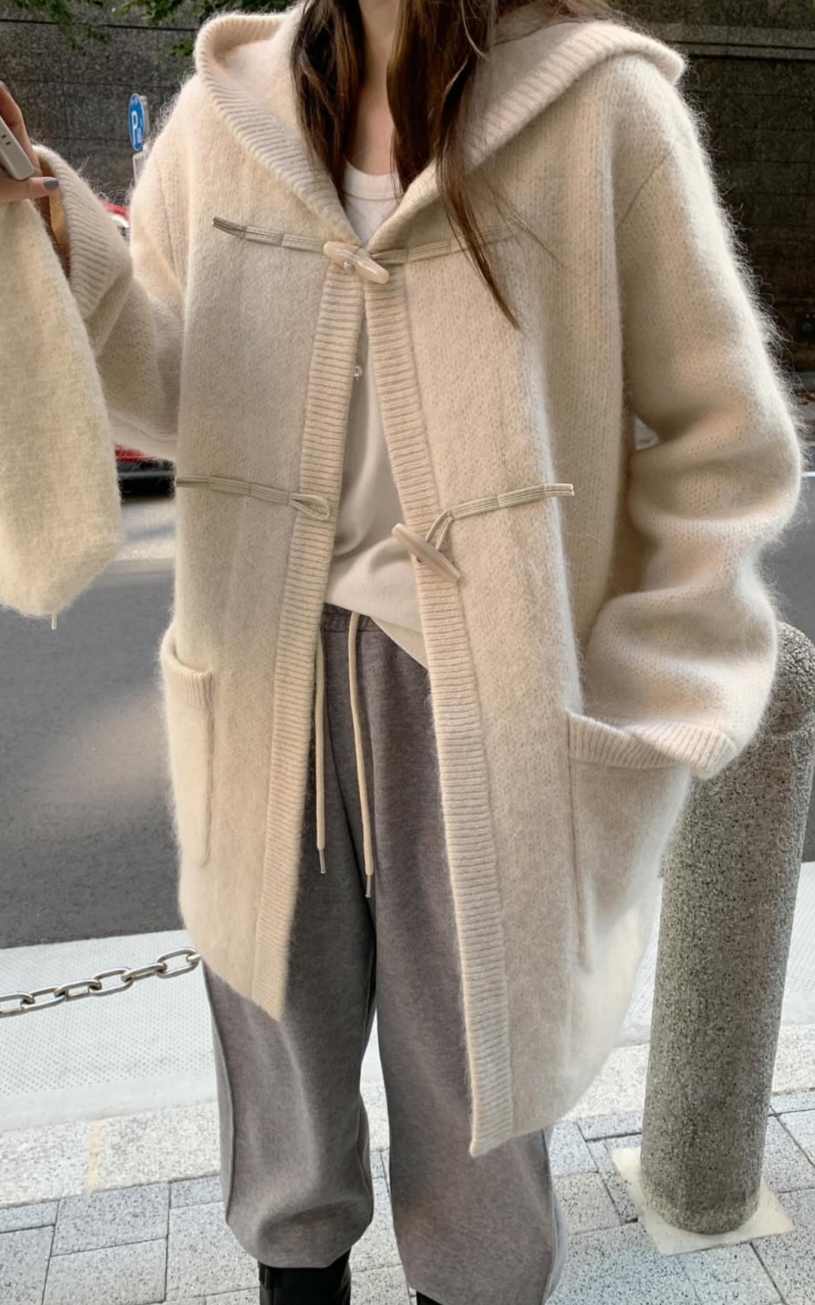 韓國馬海毛羊毛針織連帽大衣