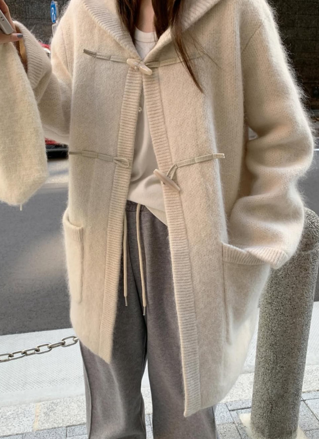 韓國馬海毛羊毛針織連帽大衣