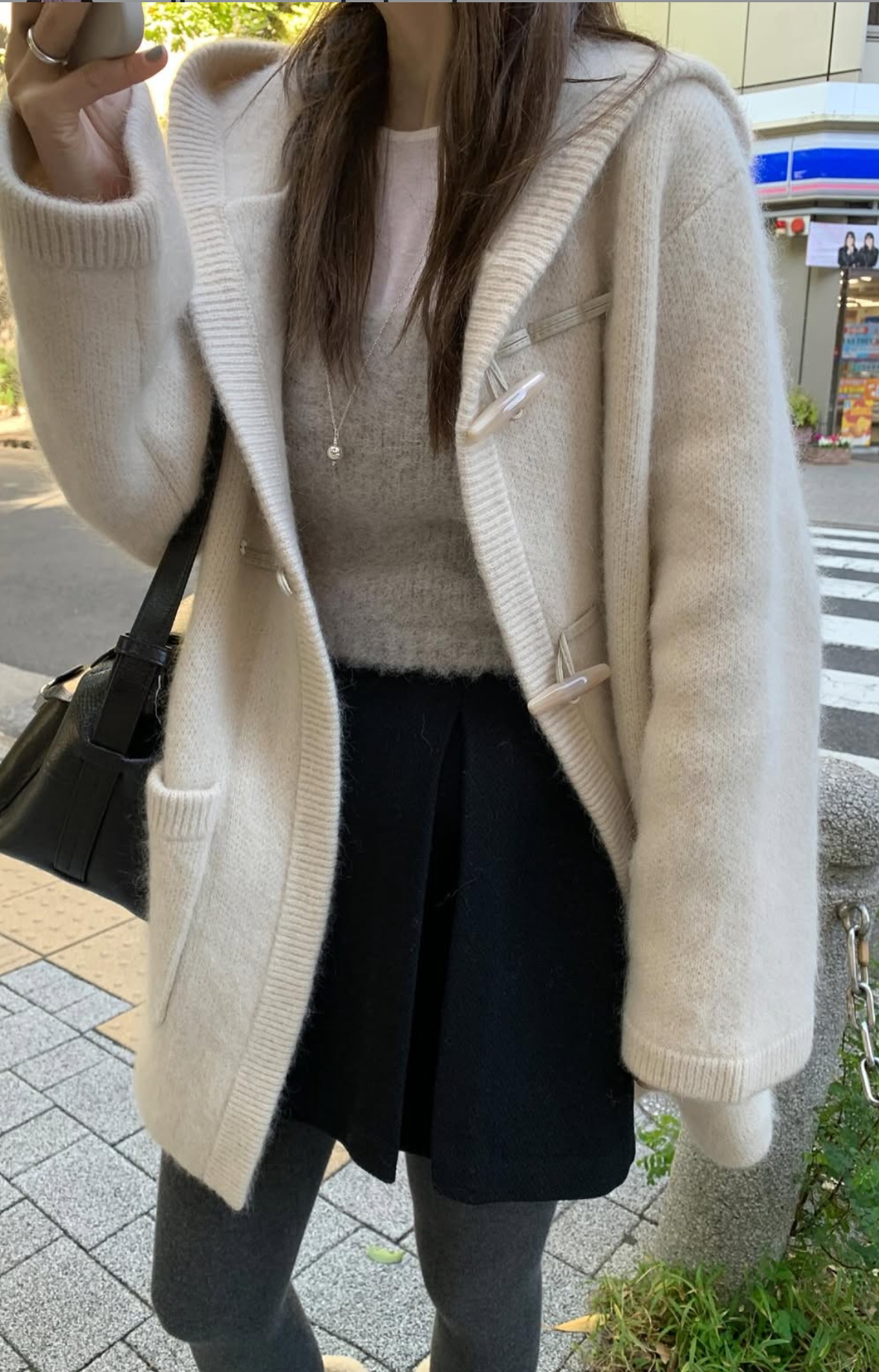 韓國馬海毛羊毛針織連帽大衣