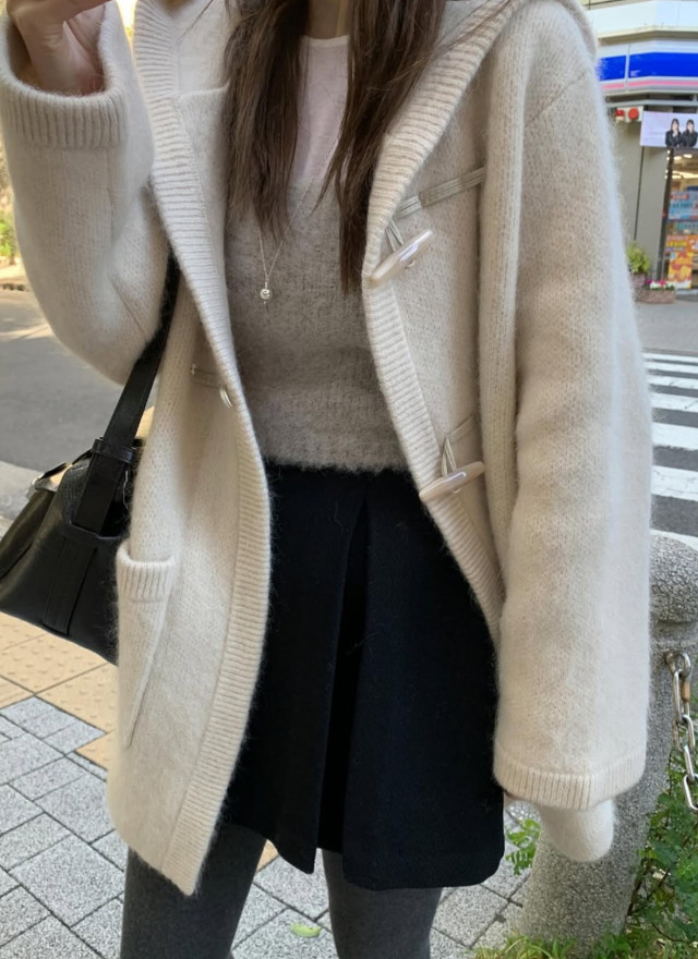 韓國馬海毛羊毛針織連帽大衣