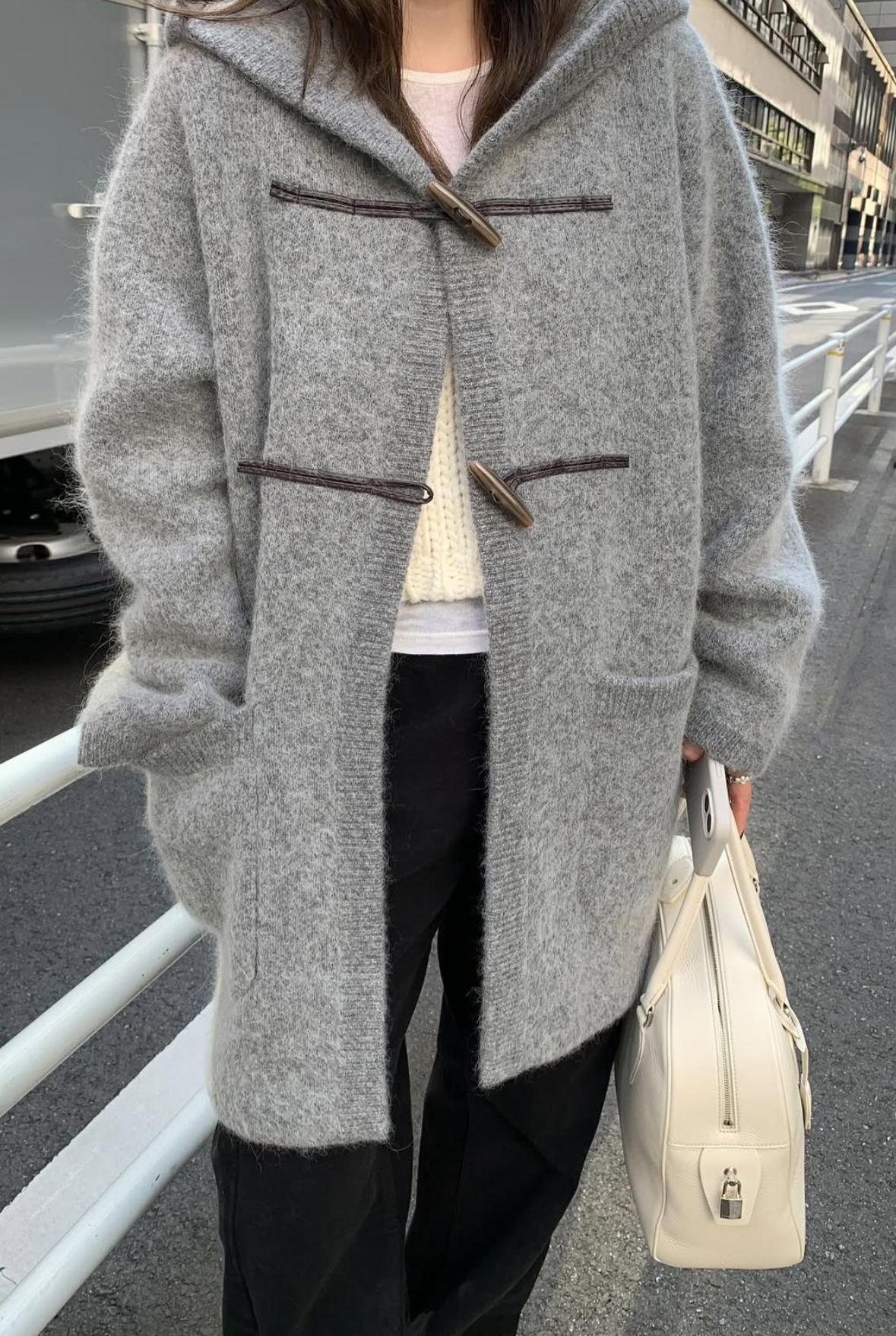 韓國馬海毛羊毛針織連帽大衣