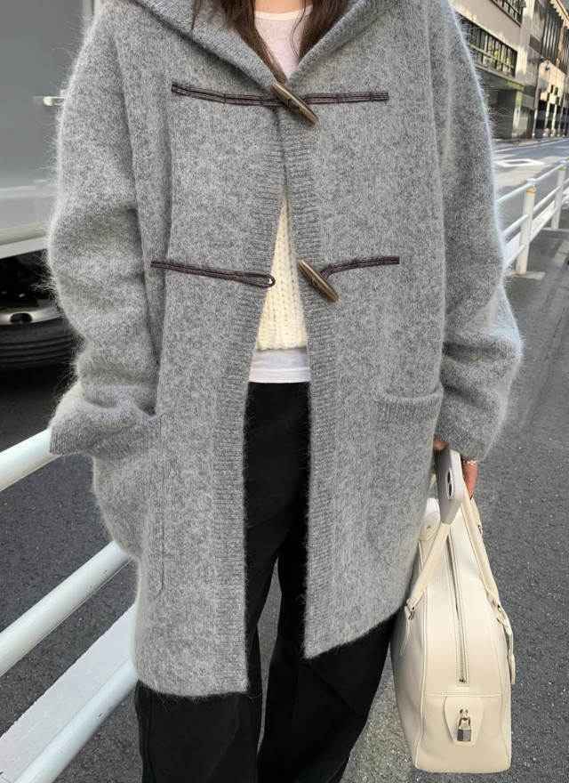 韓國馬海毛羊毛針織連帽大衣