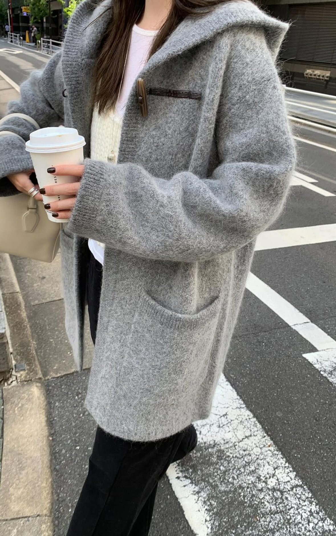 韓國馬海毛羊毛針織連帽大衣