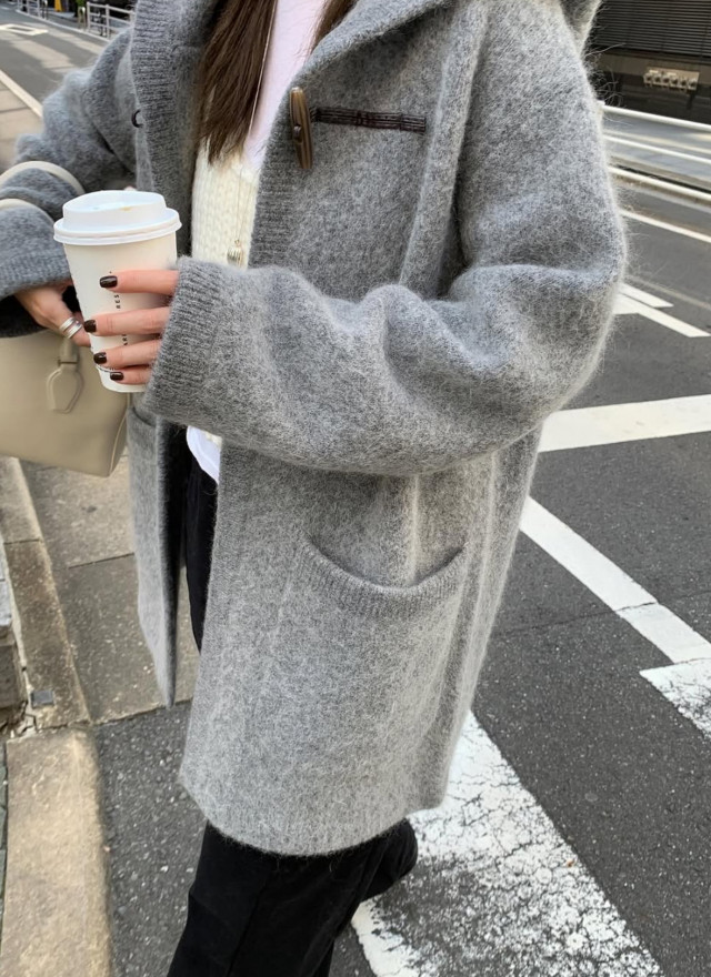 韓國馬海毛羊毛針織連帽大衣