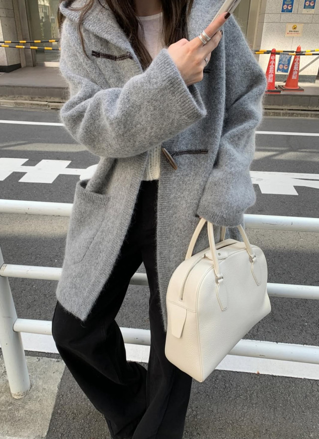 韓國馬海毛羊毛針織連帽大衣