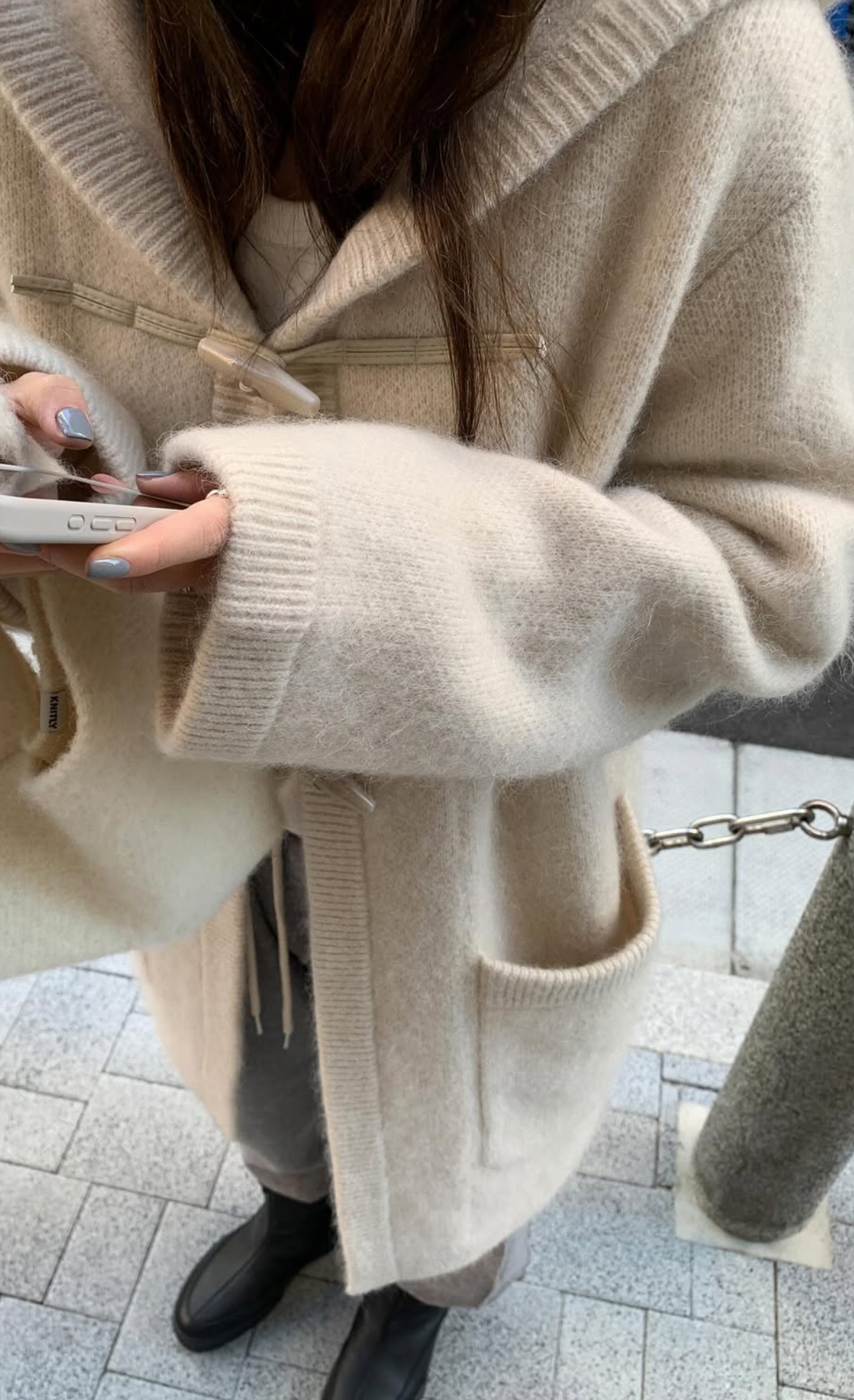 韓國馬海毛羊毛針織連帽大衣