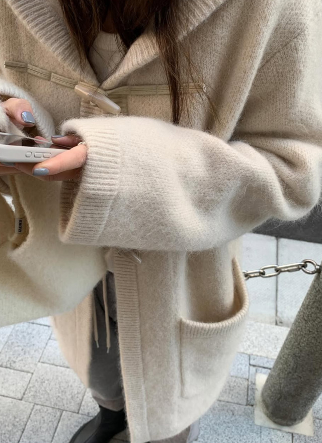 韓國馬海毛羊毛針織連帽大衣