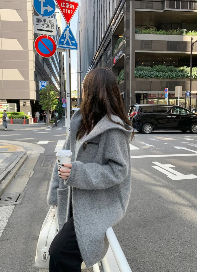 韓國馬海毛羊毛針織連帽大衣