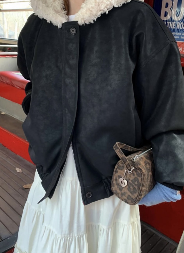 BS韓國毛絨連帽皮革夾克-連帽不可拆