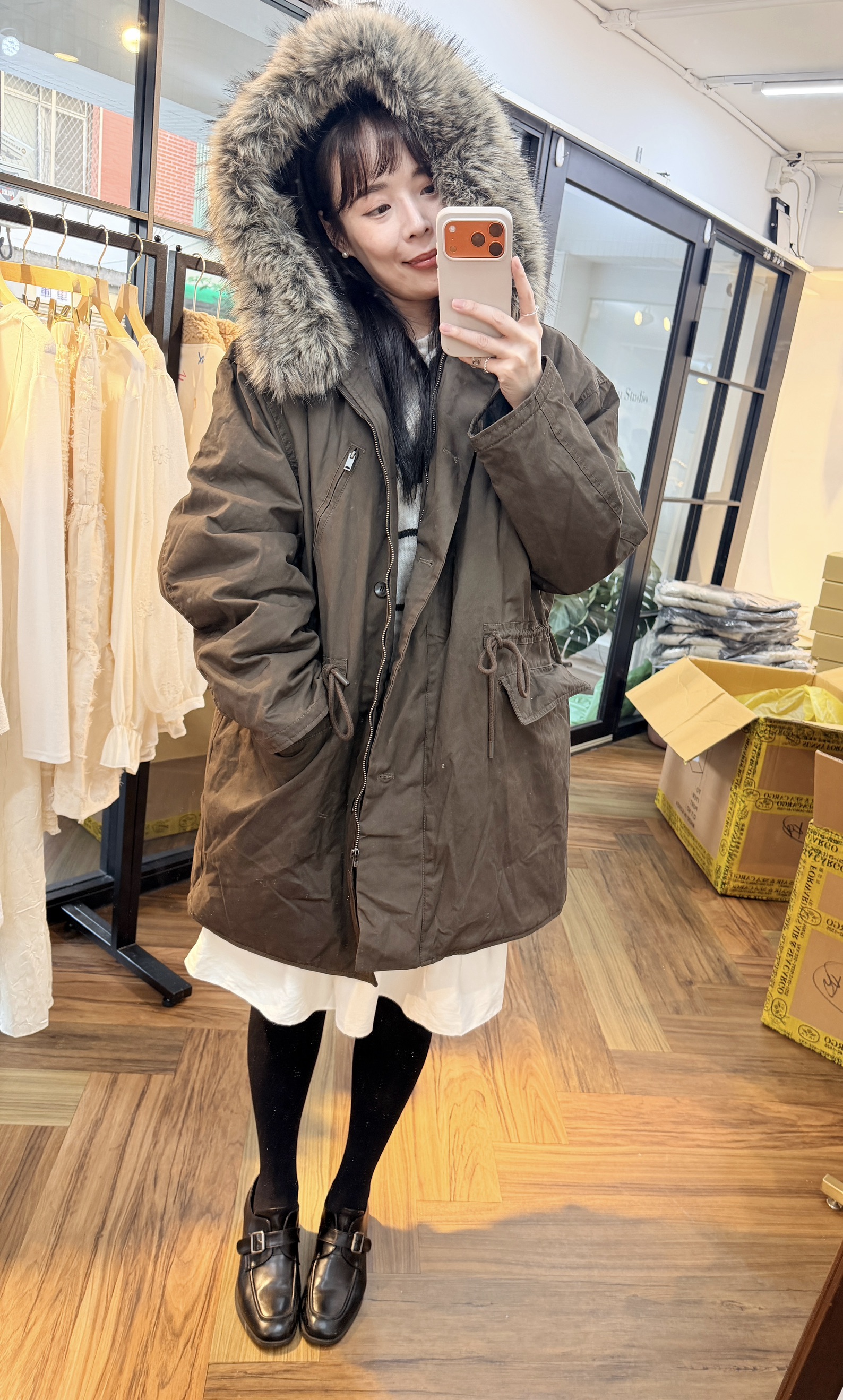 BS韓國摩卡羽絨Wellon連帽外套－毛領可拆