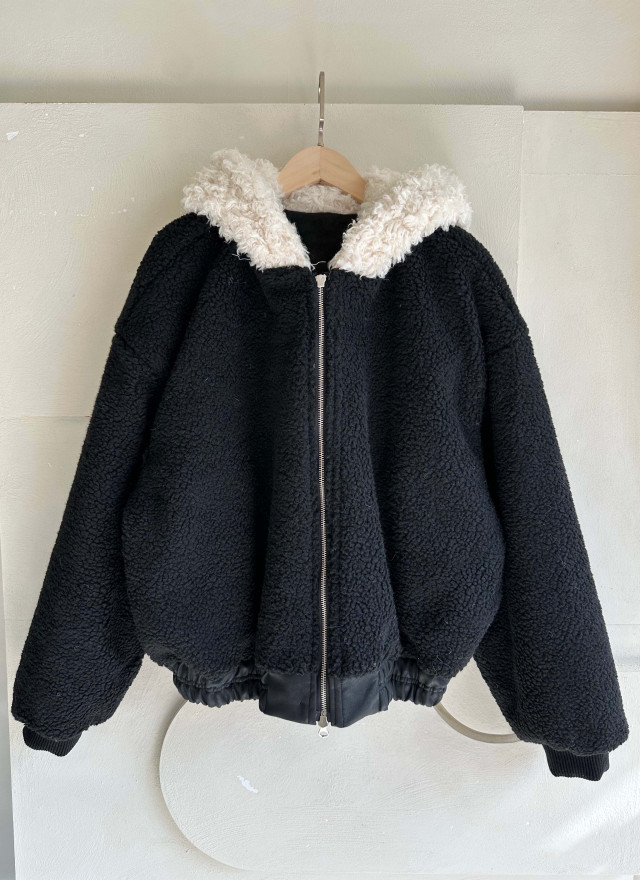 BS韓國毛絨連帽皮革夾克-連帽不可拆
