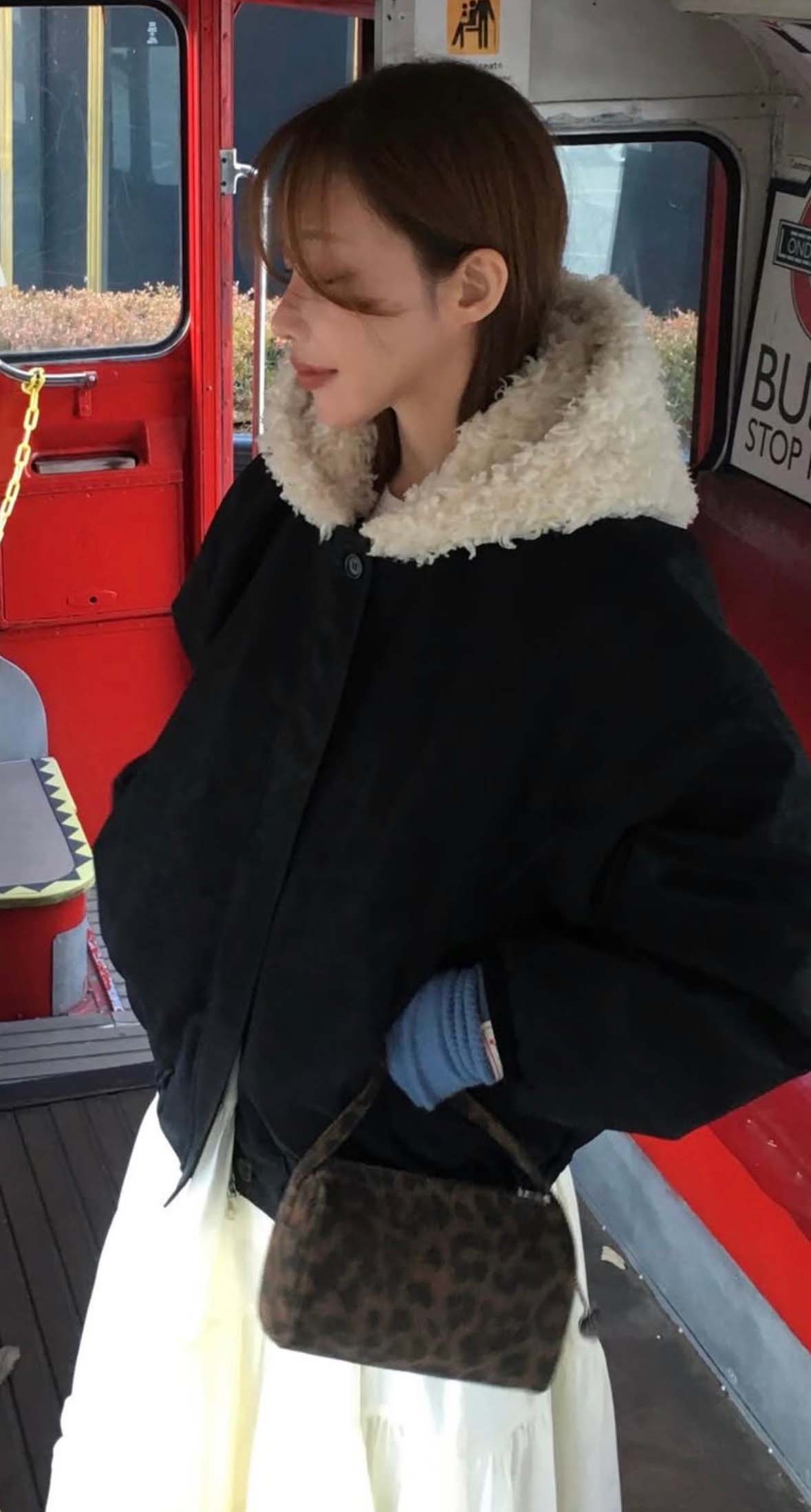 BS韓國毛絨連帽皮革夾克-連帽不可拆