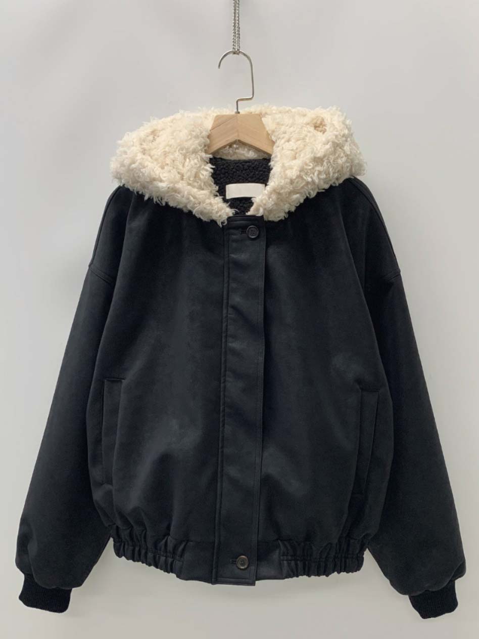 BS韓國毛絨連帽皮革夾克-連帽不可拆
