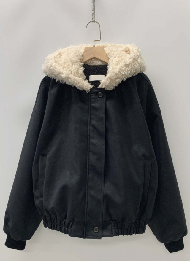 BS韓國毛絨連帽皮革夾克-連帽不可拆