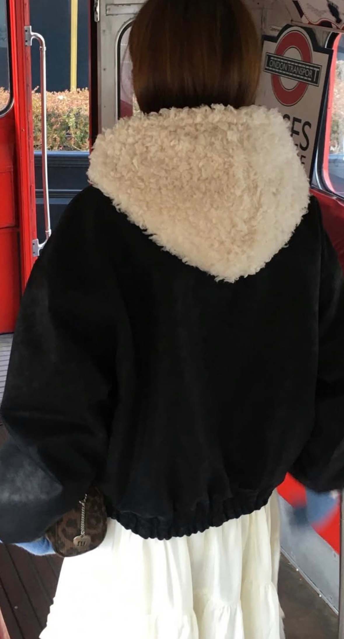 BS韓國毛絨連帽皮革夾克-連帽不可拆