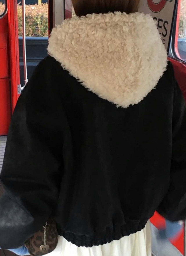 BS韓國毛絨連帽皮革夾克-連帽不可拆