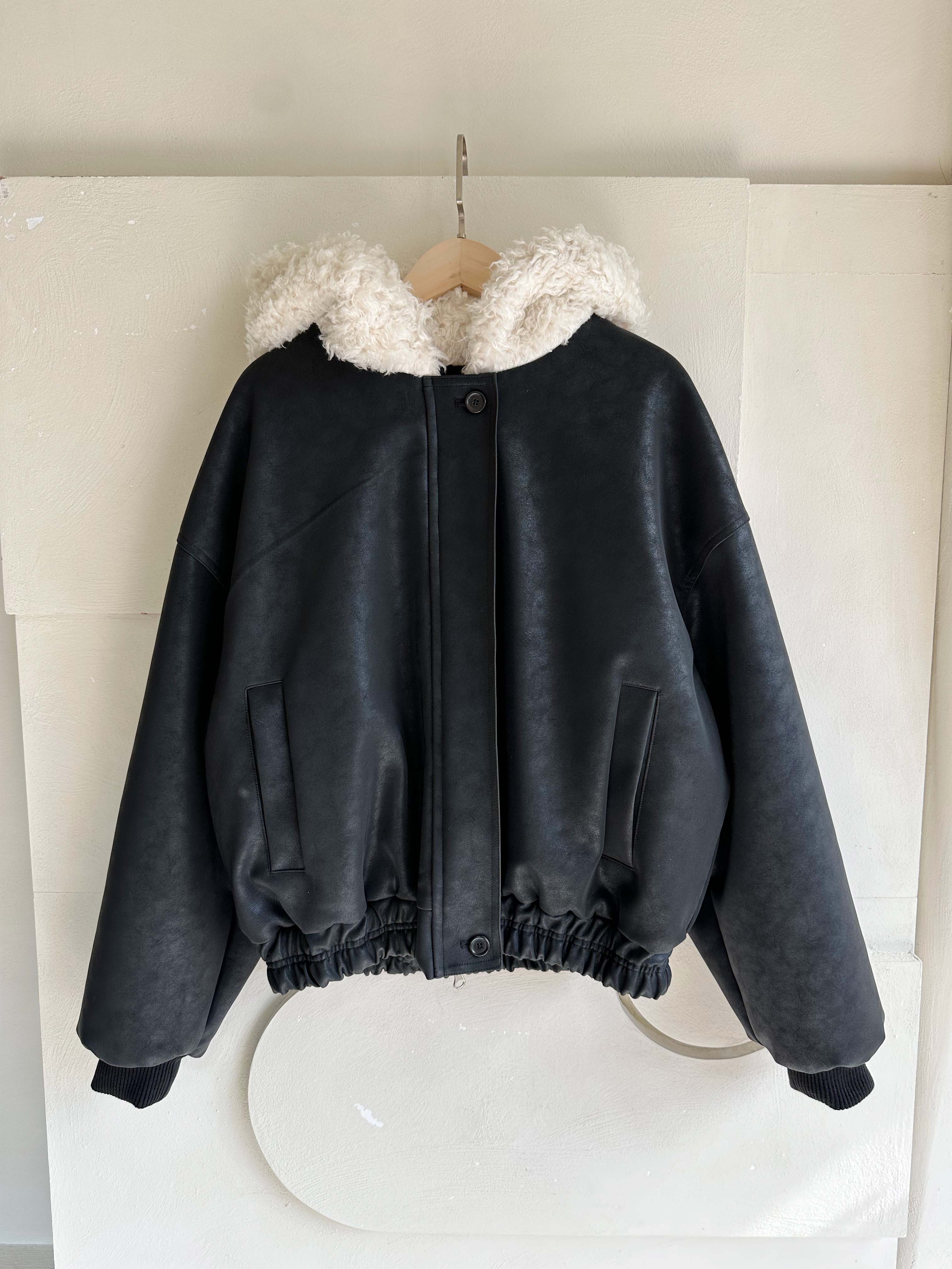 BS韓國毛絨連帽皮革夾克-連帽不可拆