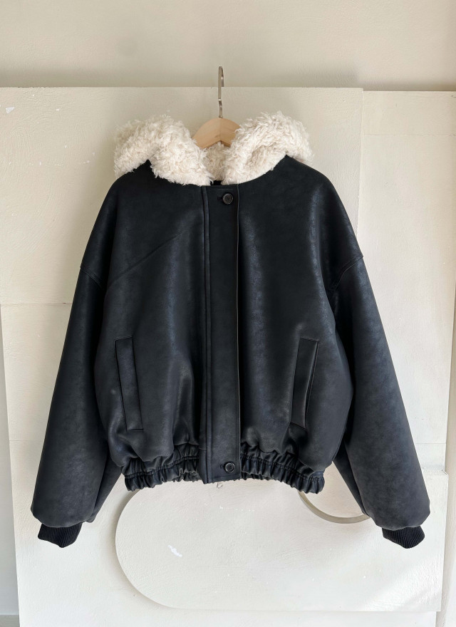 BS韓國毛絨連帽皮革夾克-連帽不可拆