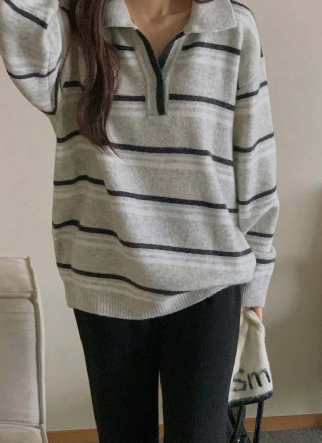 BS小領橫紋針織上衣(兩色)