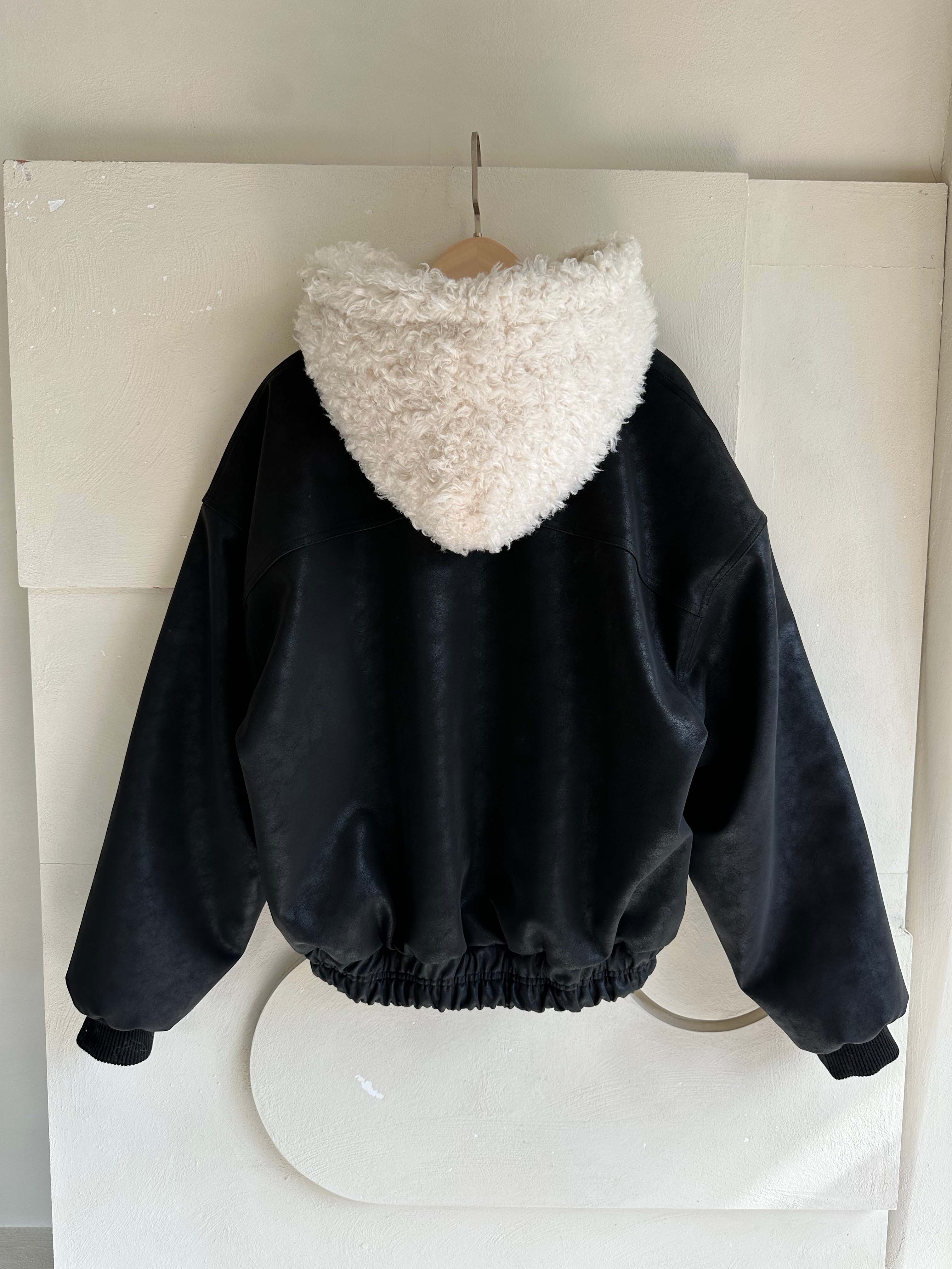 BS韓國毛絨連帽皮革夾克-連帽不可拆