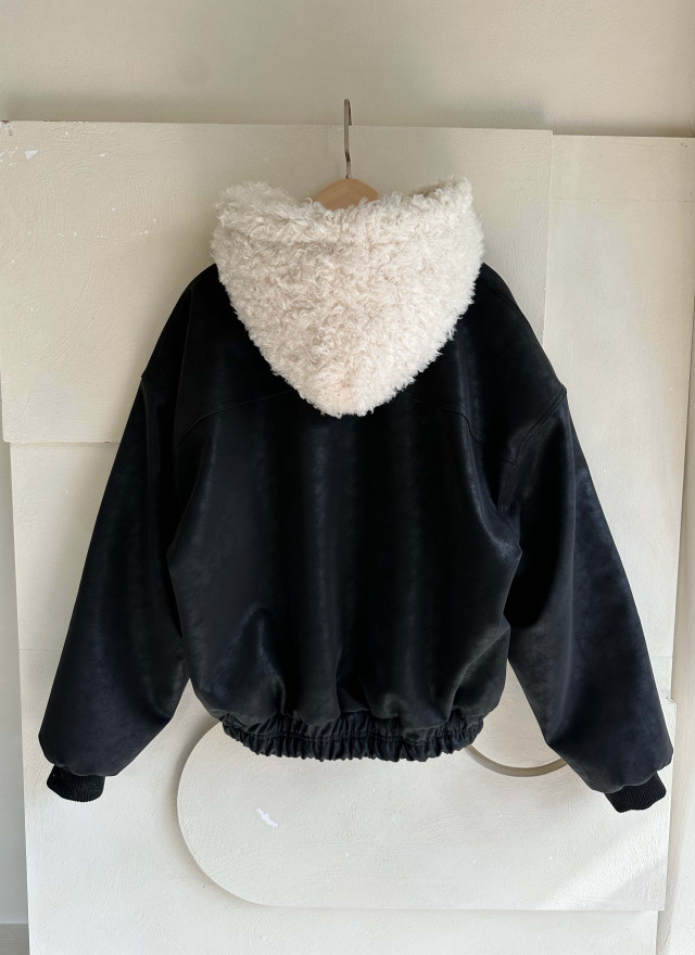 BS韓國毛絨連帽皮革夾克-連帽不可拆