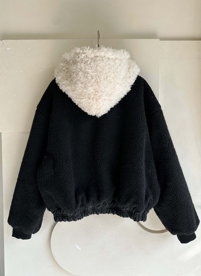 BS韓國毛絨連帽皮革夾克-連帽不可拆